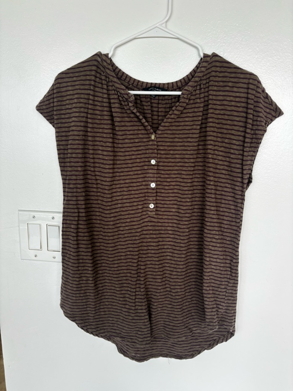 Lucky Brand Olive Green with Purple Horizontal Stripes V-Neck Top